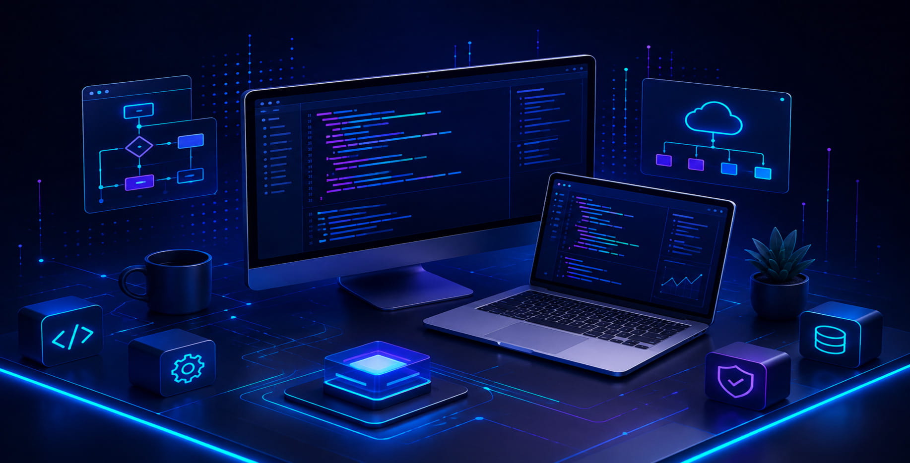 Desarrollador trabajando en el desarrollo de software a medida en una oficina moderna